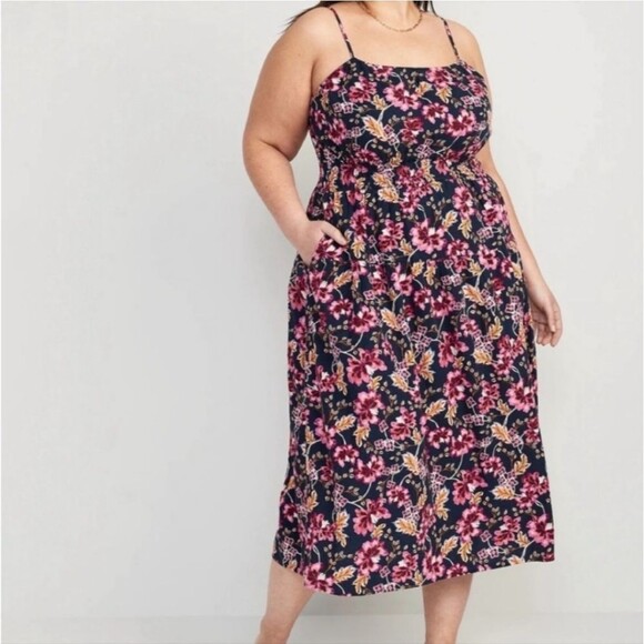 Old Navy Waist-Defined Navy Floral Linen-Blend Smocked Midi Cami Dress 3x - Picture 1 of 7